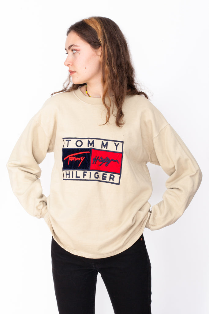NWT 90s Vintage Tommy Hilfiger Womens TH Logo Fleece Sweatshirt Spell Out  Large