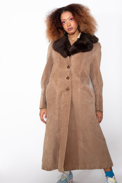 Vintage 80s Suede Leather Coat w/ Faux Fur Collar