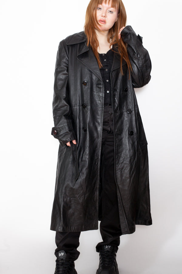 Vintage 80s Black Leather Trench Coat - The Black Market